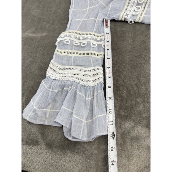 Jonathan Simkhai Blue Voile Grid Cotton Blouse XS Lace Ruffle Hem Top Keyhole - Picture 10 of 11